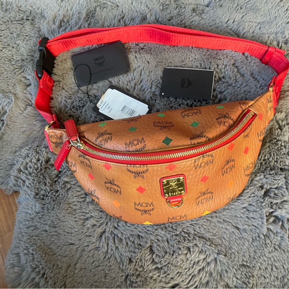 MCM Visetos Belt Bag in Tan and Red